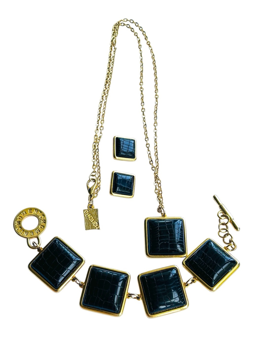 Vintage Signed Momento 80s Faux Alligator Parure Set Gold Tone 3 Piece